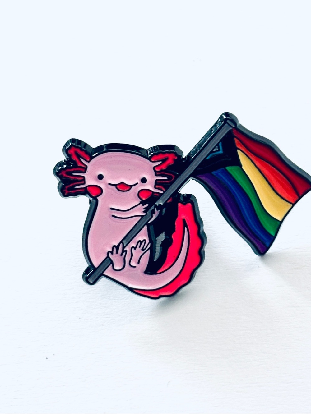 Unisex Pink Axolotl Enamel Pin with Rainbow Pride Flag, NWT